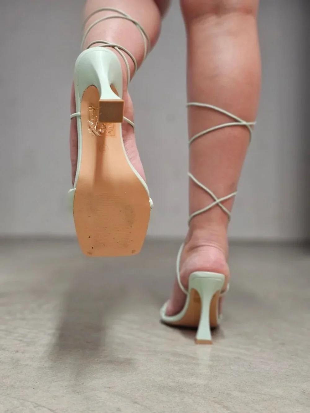 Strappy Mint Green Lace-Up Heeled Sandals With Braided Front Design Square Toe A